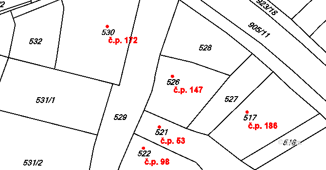 Vícemilice 147, Bučovice na parcele st. 526 v KÚ Vícemilice, Katastrální mapa