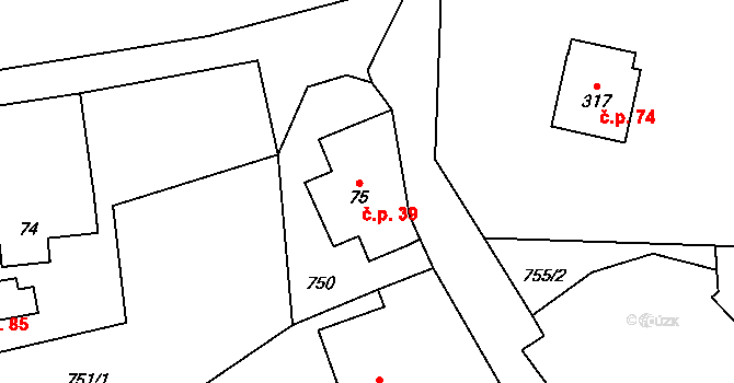 Dachov 39, Miřetice na parcele st. 75 v KÚ Miřetice u Nasavrk, Katastrální mapa