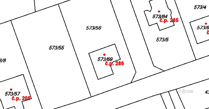 Drahelice 286, Nymburk na parcele st. 573/69 v KÚ Drahelice, Katastrální mapa
