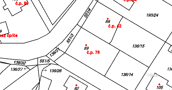 Morašice 76 na parcele st. 89 v KÚ Morašice u Chrudimi, Katastrální mapa