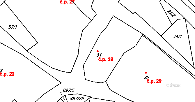 Svučice 28, Mišovice na parcele st. 31 v KÚ Svučice, Katastrální mapa