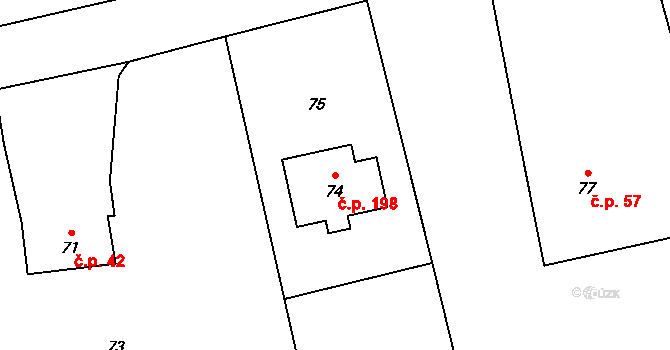Horní Žukov 198, Český Těšín na parcele st. 74 v KÚ Horní Žukov, Katastrální mapa