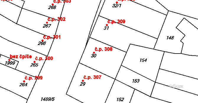 Kostelec nad Labem 308 na parcele st. 30 v KÚ Kostelec nad Labem, Katastrální mapa