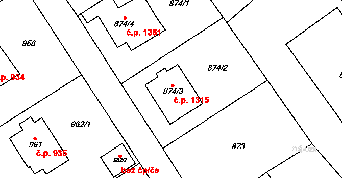 Černošice 1315 na parcele st. 874/3 v KÚ Černošice, Katastrální mapa