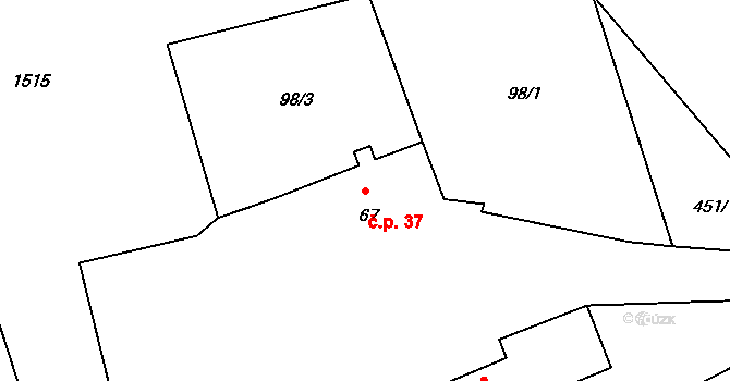 Draženov 37 na parcele st. 67 v KÚ Draženov, Katastrální mapa