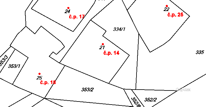 Kocourov 14, Mochtín na parcele st. 21 v KÚ Kocourov, Katastrální mapa