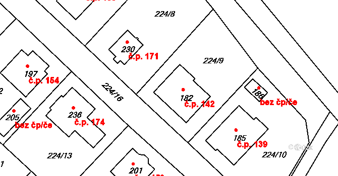 Valy 142 na parcele st. 182 v KÚ Valy nad Labem, Katastrální mapa