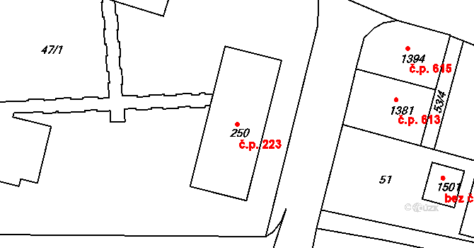 Velešín 223 na parcele st. 250 v KÚ Velešín, Katastrální mapa