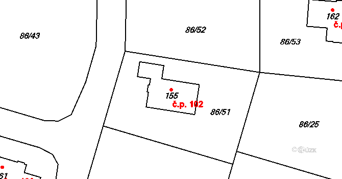 Třebín 102, Dubné na parcele st. 155 v KÚ Třebín, Katastrální mapa