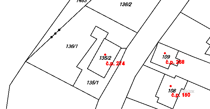 Řícmanice 274 na parcele st. 135/2 v KÚ Řícmanice, Katastrální mapa
