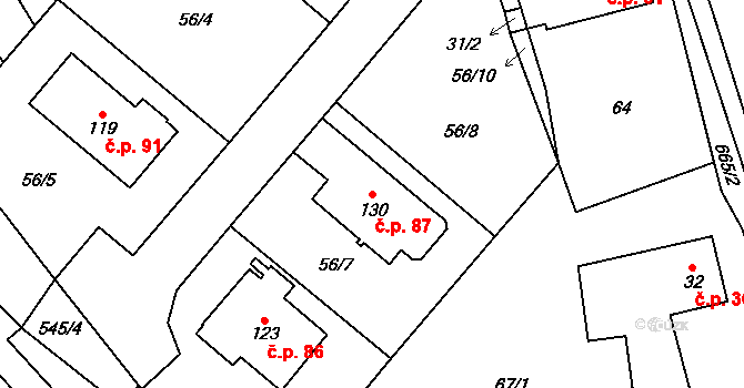 Roveň 87, Rychnov nad Kněžnou na parcele st. 130 v KÚ Roveň u Rychnova nad Kněžnou, Katastrální mapa