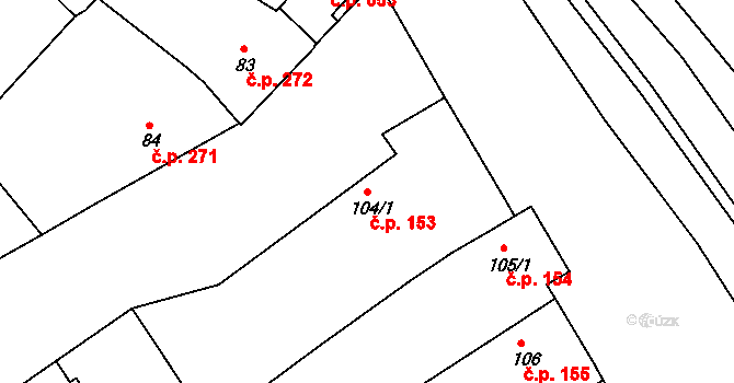 Dolní Dunajovice 153 na parcele st. 104/1 v KÚ Dolní Dunajovice, Katastrální mapa