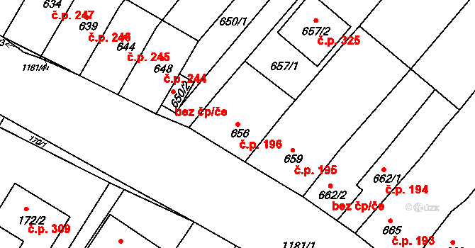 Perná 196 na parcele st. 656 v KÚ Perná, Katastrální mapa