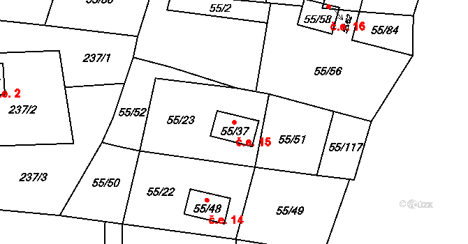 Krhovice 15 na parcele st. 55/37 v KÚ Krhovice, Katastrální mapa