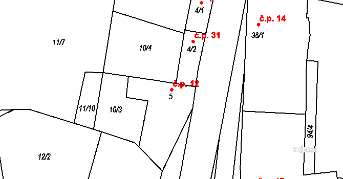 Malíkovice 12 na parcele st. 5 v KÚ Malíkovice, Katastrální mapa