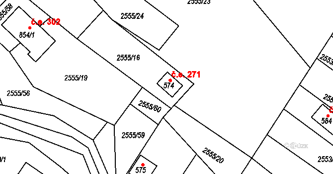 Rusava 271 na parcele st. 574 v KÚ Rusava, Katastrální mapa