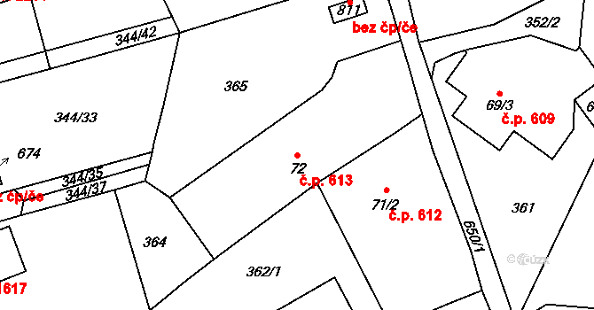 Struhařov 613, Kamenice na parcele st. 72 v KÚ Štiřín, Katastrální mapa