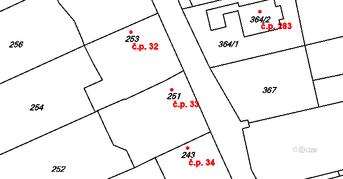 Obůrka 33, Blansko na parcele st. 251 v KÚ Těchov, Katastrální mapa