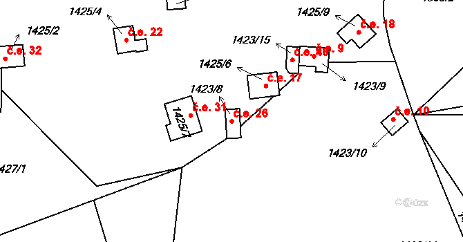 Koda 26, Tetín na parcele st. 1423/8 v KÚ Tetín u Berouna, Katastrální mapa