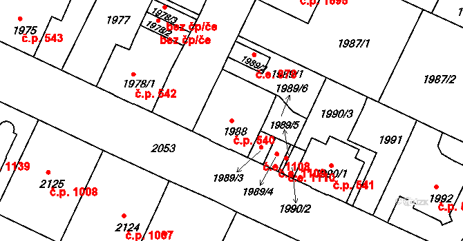 Děčín VI-Letná 540, Děčín na parcele st. 1988 v KÚ Podmokly, Katastrální mapa