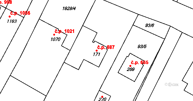 Chvalčov 587 na parcele st. 171 v KÚ Chvalčova Lhota, Katastrální mapa