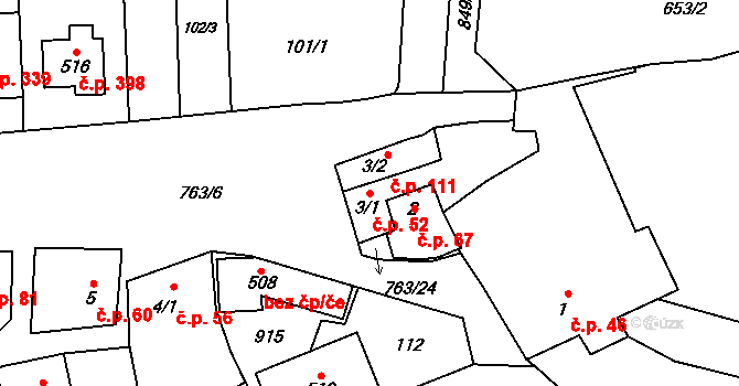 Slatinice 52 na parcele st. 3/1 v KÚ Slatinice na Hané, Katastrální mapa