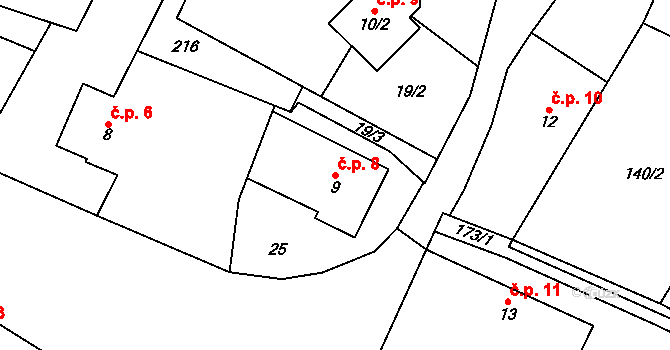 Chomutičky 8, Chomutice na parcele st. 9 v KÚ Chomutičky, Katastrální mapa