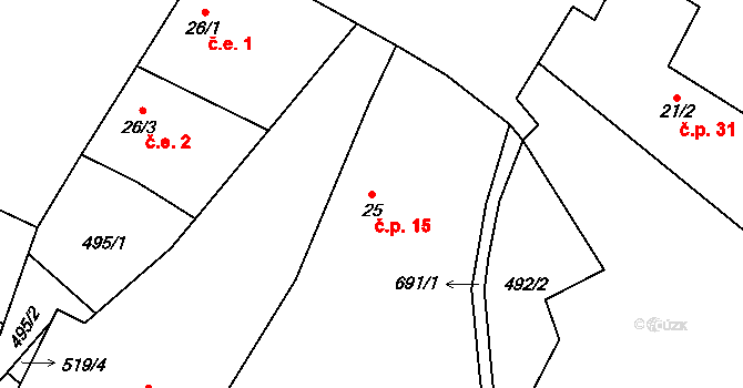 Dolní Nezly 15, Liběšice na parcele st. 25 v KÚ Horní Nezly, Katastrální mapa