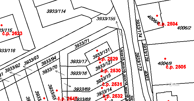 Roudnice nad Labem 2529 na parcele st. 3933/131 v KÚ Roudnice nad Labem, Katastrální mapa