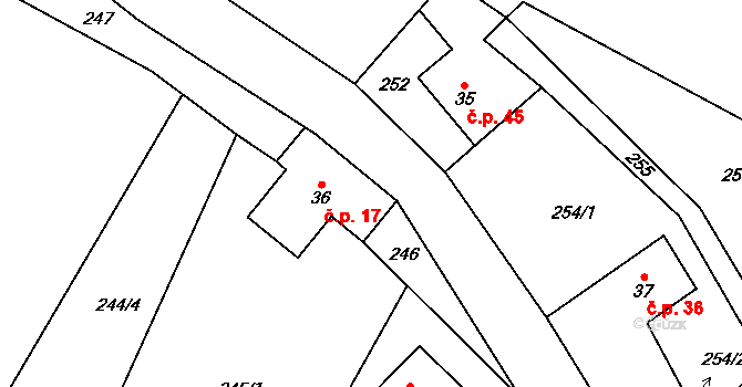 Bořkov 17, Slaná na parcele st. 36 v KÚ Bořkov, Katastrální mapa