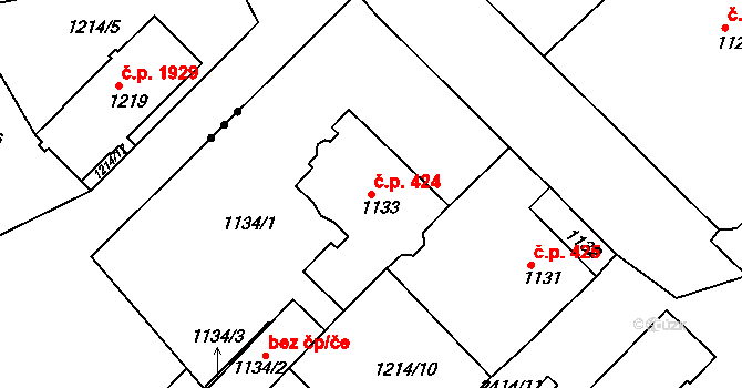 Proboštov 424 na parcele st. 1133 v KÚ Proboštov u Teplic, Katastrální mapa