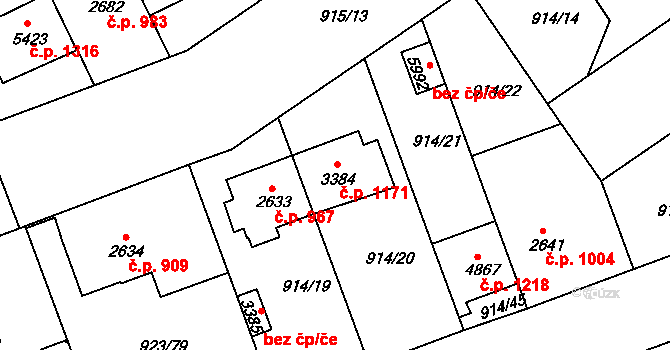 Horka-Domky 1171, Třebíč na parcele st. 3384 v KÚ Třebíč, Katastrální mapa