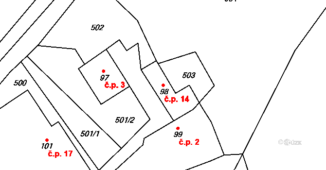Tihava 14, Kotopeky na parcele st. 98 v KÚ Kotopeky, Katastrální mapa