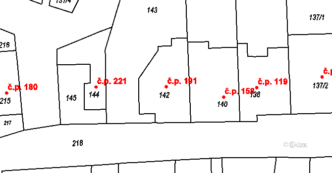Droždín 191, Olomouc na parcele st. 142 v KÚ Droždín, Katastrální mapa