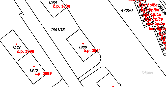 Chomutov 3831 na parcele st. 1989 v KÚ Chomutov I, Katastrální mapa