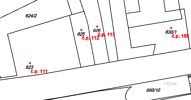 Kovalovice 113 na parcele st. 626 v KÚ Kovalovice, Katastrální mapa
