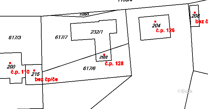 Hradiště 128, Koldín na parcele st. 232/2 v KÚ Koldín, Katastrální mapa