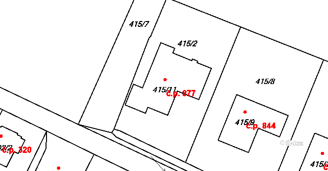 Čimice 877, Praha na parcele st. 415/11 v KÚ Čimice, Katastrální mapa