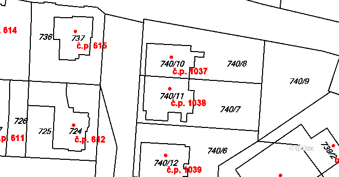 Jemnice 1038 na parcele st. 740/11 v KÚ Jemnice, Katastrální mapa