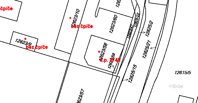 Východní Předměstí 2748, Plzeň na parcele st. 12623/58 v KÚ Plzeň 4, Katastrální mapa