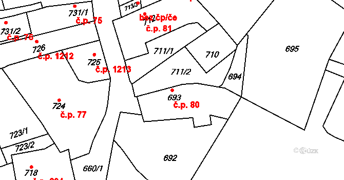 Předměstí 80, Litoměřice na parcele st. 693 v KÚ Litoměřice, Katastrální mapa