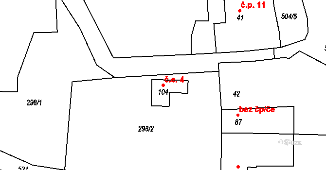 Holušice 4, Kozárovice na parcele st. 104 v KÚ Holušice u Kozárovic, Katastrální mapa