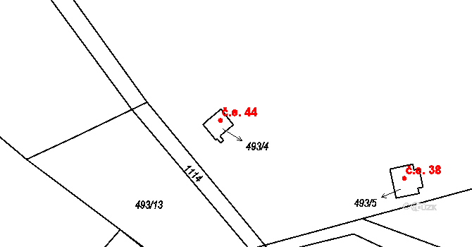 Sklené nad Oslavou 44 na parcele st. 493/4 v KÚ Sklené nad Oslavou, Katastrální mapa
