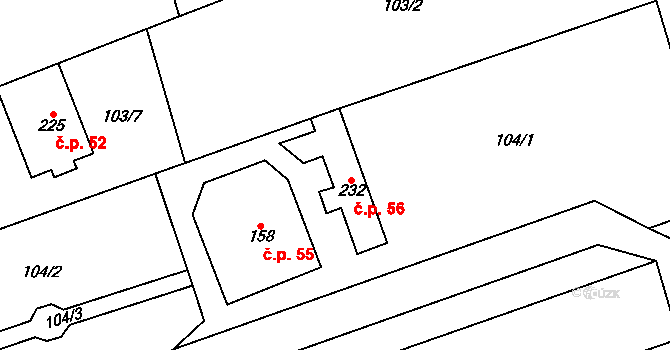 Kasárna 56, Znojmo na parcele st. 232 v KÚ Mramotice, Katastrální mapa