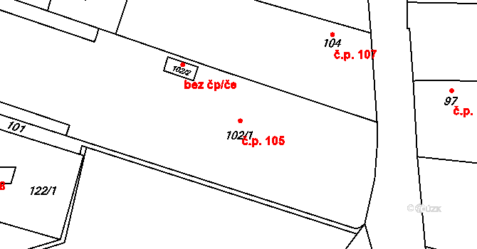 Chlebičov 105 na parcele st. 102/1 v KÚ Chlebičov, Katastrální mapa