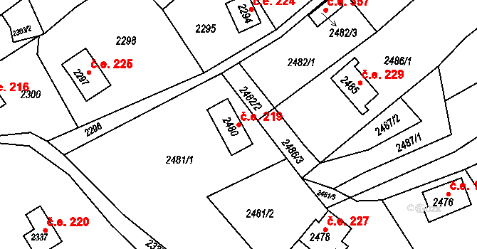 Buchlovice 219 na parcele st. 2480 v KÚ Buchlovice, Katastrální mapa