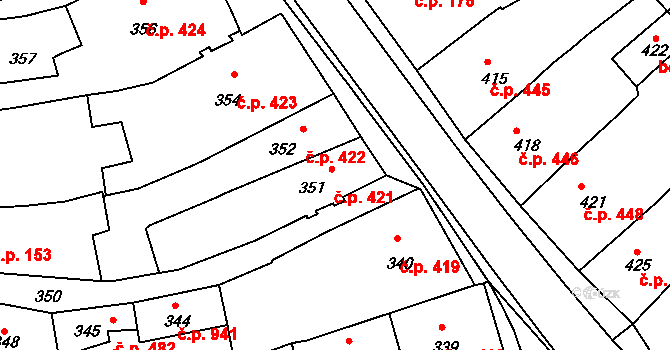 Třešť 421 na parcele st. 351 v KÚ Třešť, Katastrální mapa
