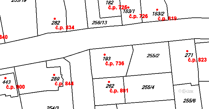 Rudná 736 na parcele st. 193 v KÚ Hořelice, Katastrální mapa