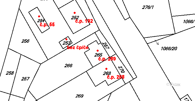 Jestřebí 289, Rájec-Jestřebí na parcele st. 265 v KÚ Jestřebí, Katastrální mapa