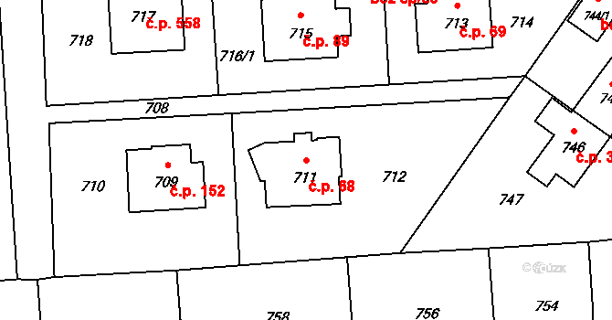 Postřelmov 68 na parcele st. 711 v KÚ Postřelmov, Katastrální mapa